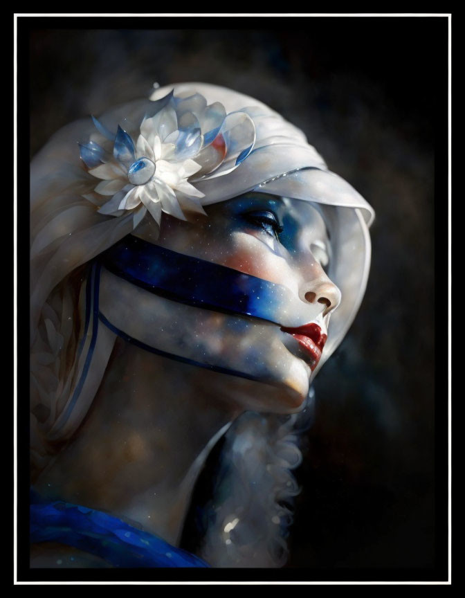 Cosmic-themed portrait with starry makeup and flower headpiece