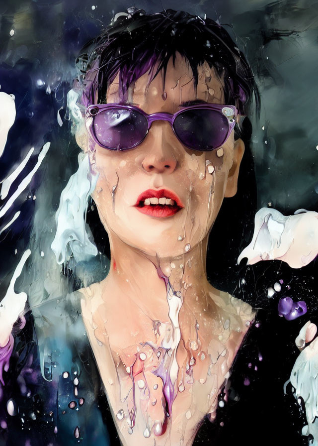 Woman in Purple Sunglasses with Water Streaming Down Face and Red Lips Behind Wet Glass