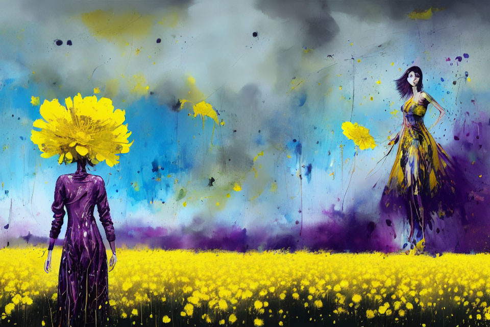 Digital artwork: Two women in yellow flower field with floral head, colorful paint splashes