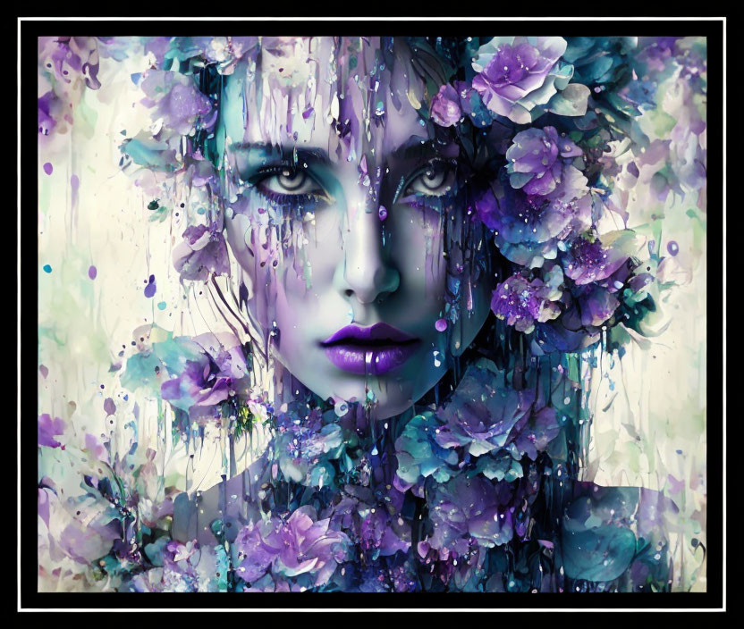 Woman's face merged with purple and blue hydrangeas in mystical watercolor.