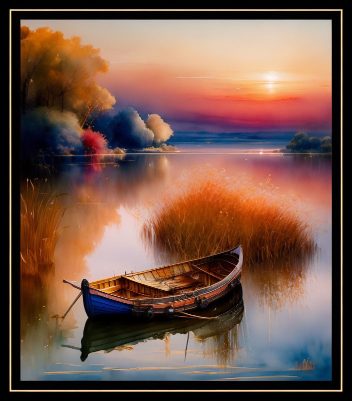 Tranquil sunset scene at calm lake with lone boat and vibrant sky