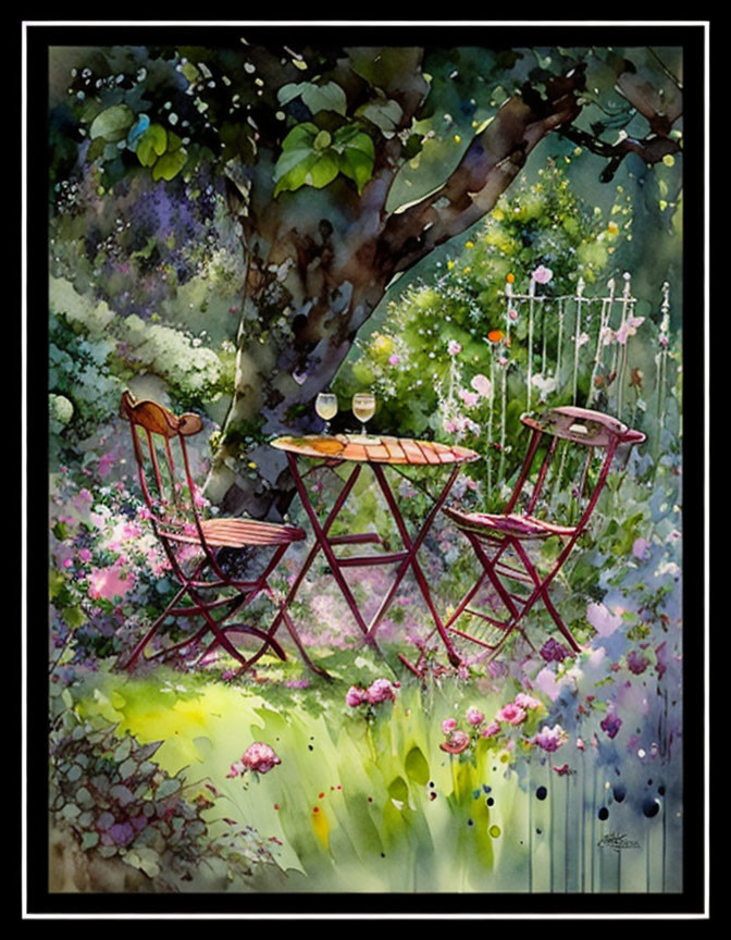 Charming garden scene with bistro table and flowers