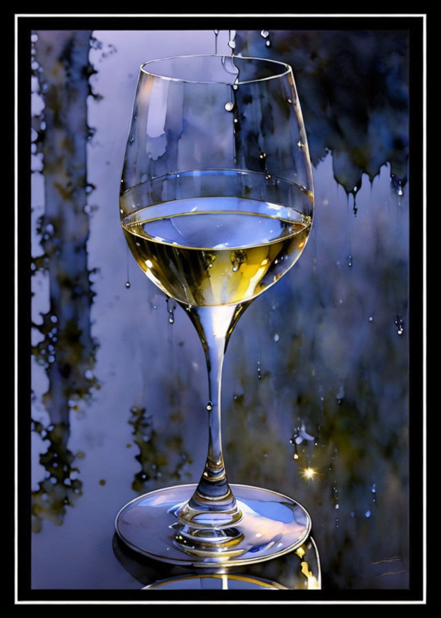 White wine glass reflection on wet surface with water droplets in moody blue ambiance