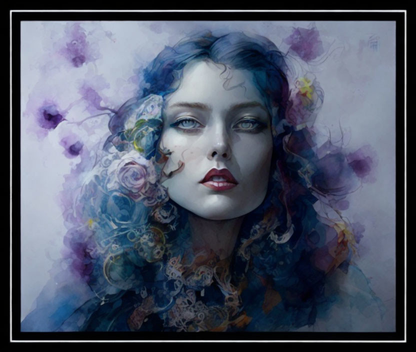 Blue-haired woman in digital painting with ethereal mist colors.