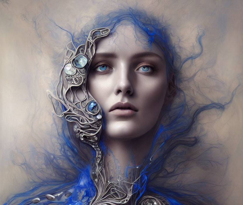 Portrait of a woman with flowing blue hair and metallic adornments.