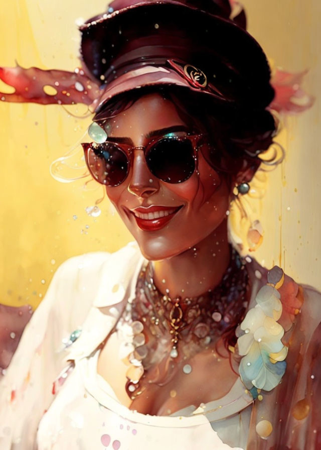 Colorful portrait of cheerful woman with sunglasses and stylish hat in vibrant illustration