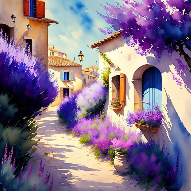 Colorful painting of blooming street with traditional houses