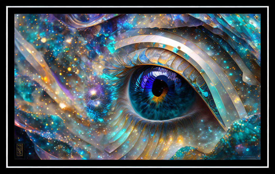 Abstract cosmic digital artwork featuring a blue eye and celestial patterns