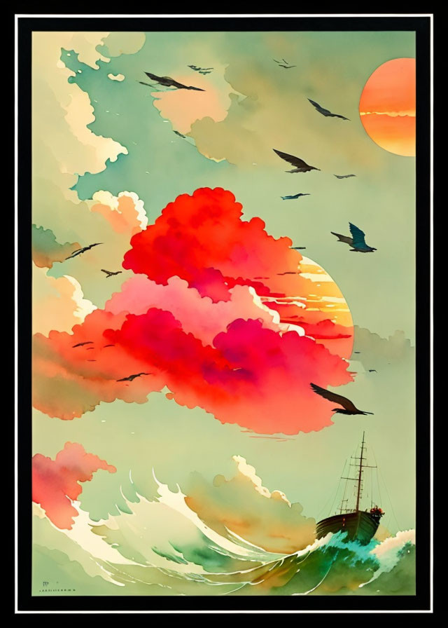 Stylized ship on waves under orange sun with red clouds - dreamy seascape