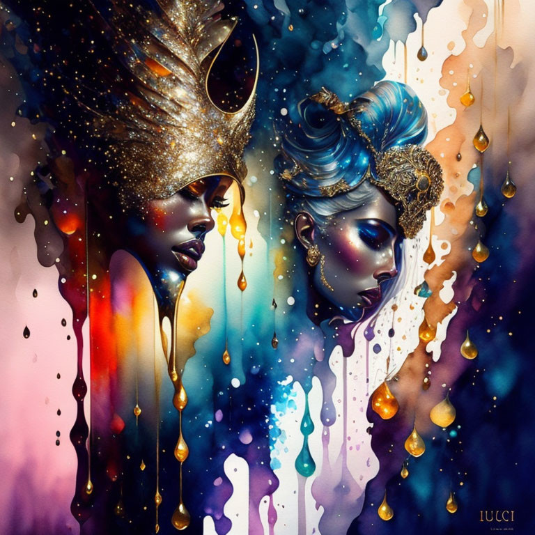 Colorful digital artwork: Two female figures with elaborate headdresses in profile view, adorned with gold and