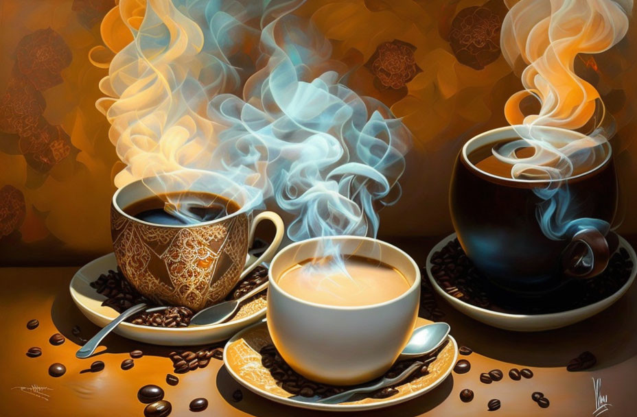 Three Steaming Cups of Coffee with Swirling Smoke and Coffee Beans on Warm-Toned Background