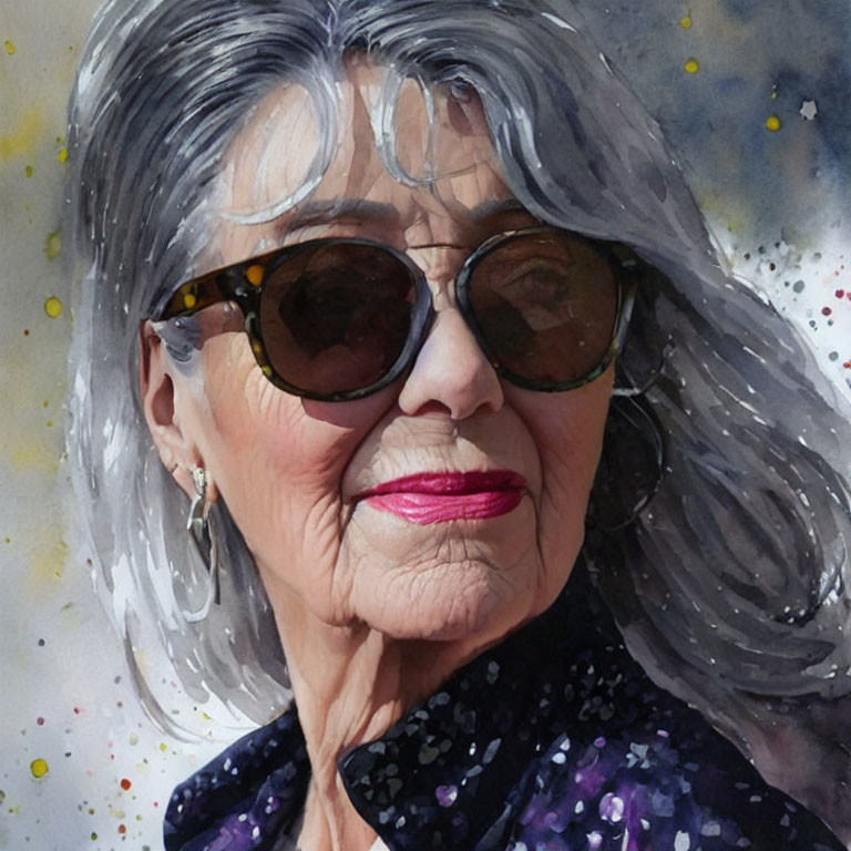 Stylish elderly woman in round sunglasses and sequined outfit on speckled background