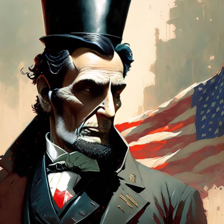 Stylized illustration of Abraham Lincoln with top hat and American flag