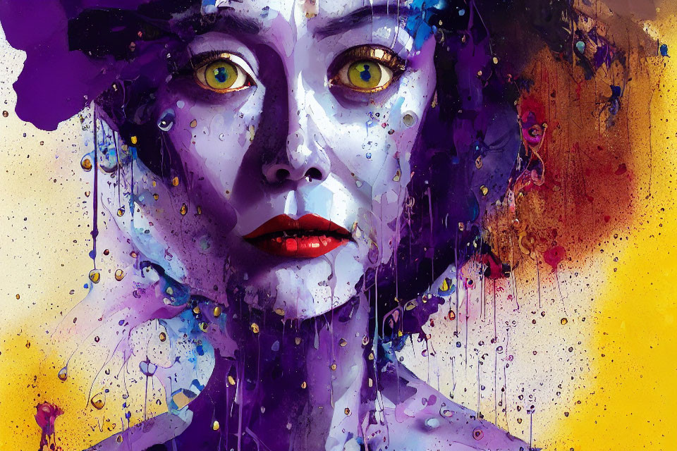 Colorful Abstract Painting of Woman's Face with Dripping Paint Details