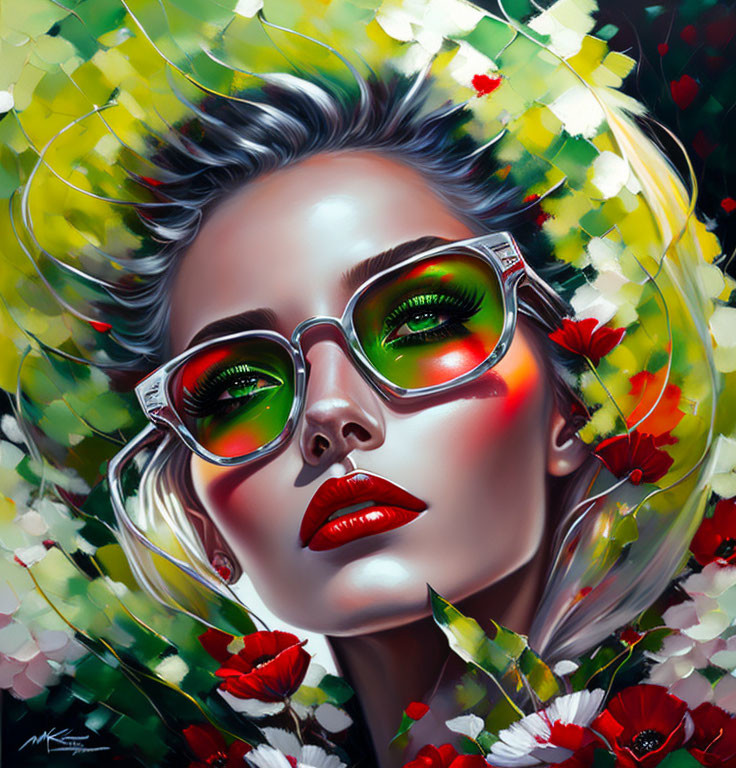 Colorful portrait of woman with stylized glasses and floral surroundings