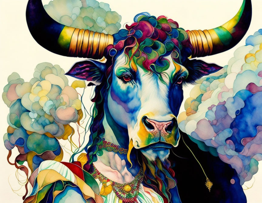 Colorful stylized bull artwork with intricate patterns and rich palette in blues, purples, and