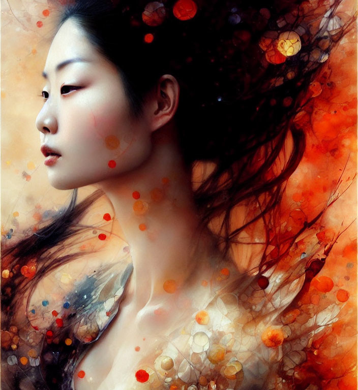 Ethereal portrait of a woman with warm colored bubbles and strokes