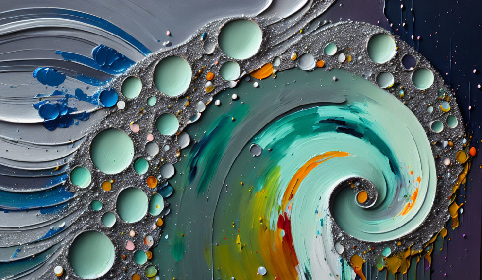 Colorful Swirling Paint with Bubbles and Glossy Texture