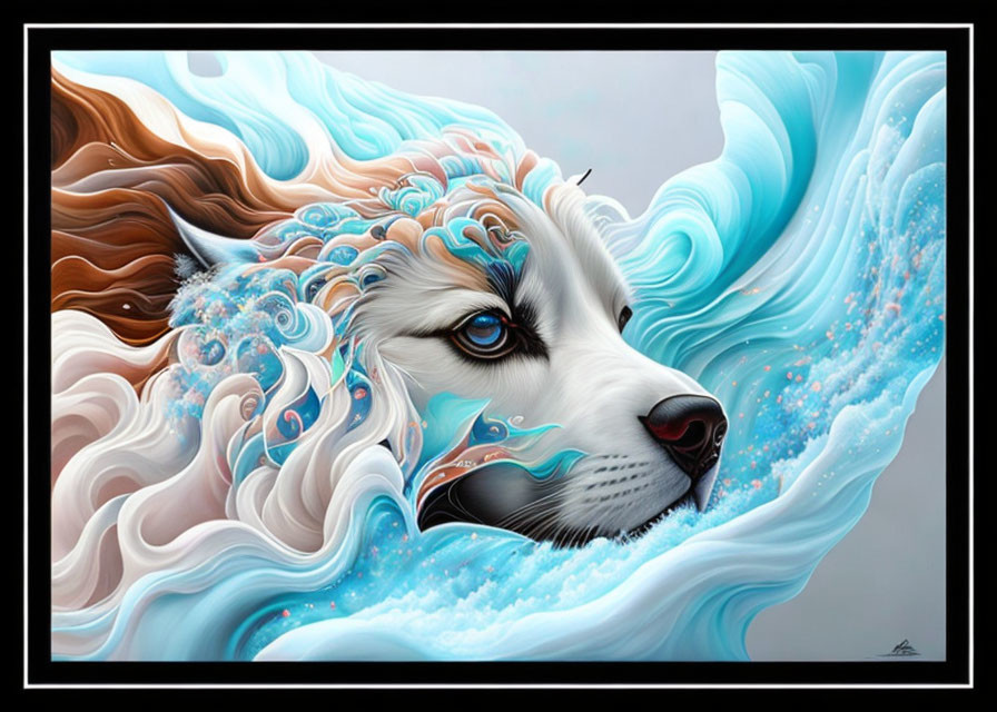 Colorful Abstract Artwork: Dog Integrated in Swirling Wave Motif