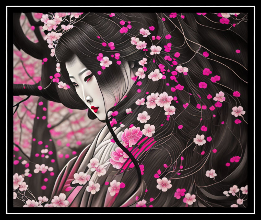 Monochromatic style portrait of woman with flowing hair and pink blossoms