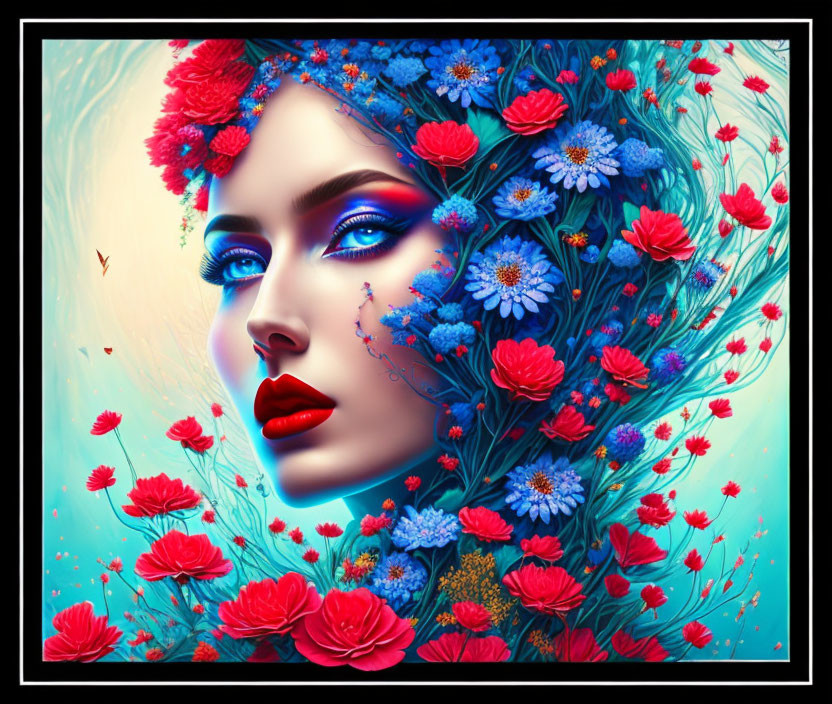 Vibrant red and blue flower adorned woman's face digital art