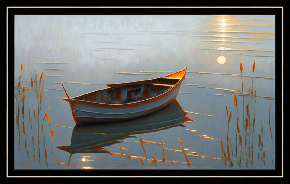 Tranquil painting of boat on calm water at sunrise