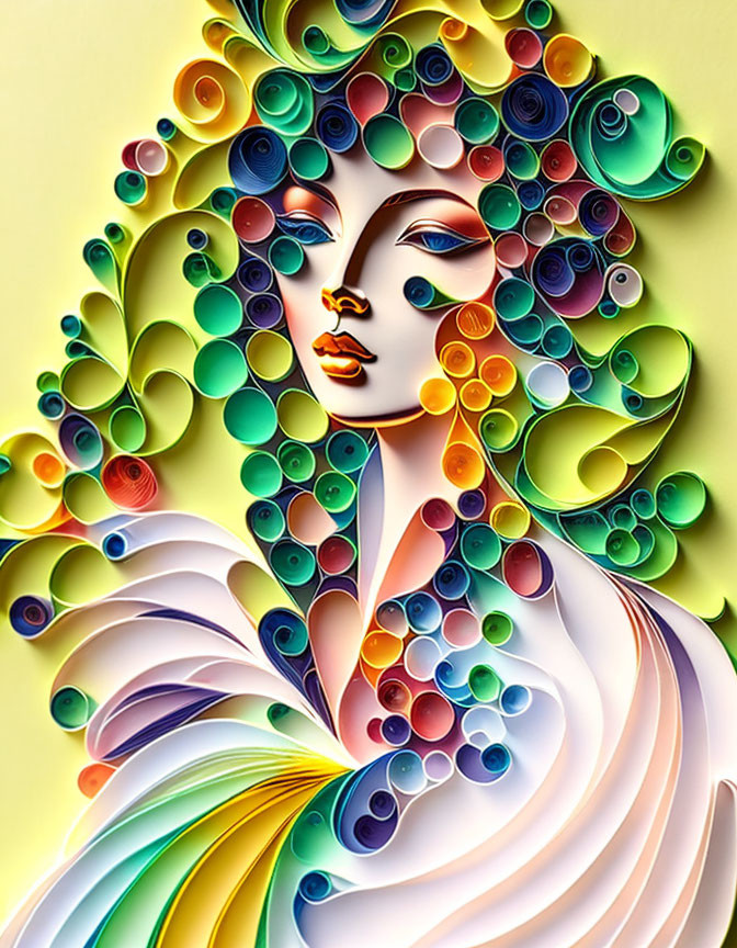 Vibrant abstract woman art with colorful quilled paper hair