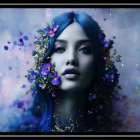 Woman with Blue Hair & Vibrant Makeup Surrounded by Flowers