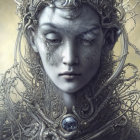 Detailed close-up of woman in futuristic metallic headgear with intricate textures and single blue eye visible