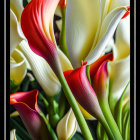 Colorful calla lilies and green leaves on dark background