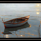 Tranquil painting of boat on calm water at sunrise