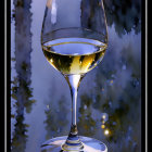 White wine glass reflection on wet surface with water droplets in moody blue ambiance