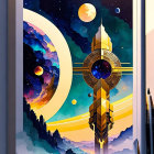 Surreal cosmic landscape with floating crystal and futuristic city elements