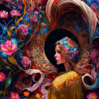 Digital artwork featuring two intense women surrounded by stylized flowers