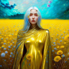 Digital artwork of woman with white hair in golden attire in blooming yellow field under starry sky with