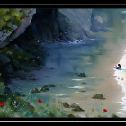 Tranquil river landscape with cliffs, boat, greenery, and red flowers