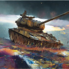 Armored tank navigating rugged, fiery landscape under dramatic sky