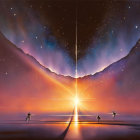 Colorful painting: Figures walking towards bright horizon under split starry sky.