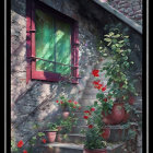 Stone Staircase with Potted Plants, Red Flowers, Green Window, and Purple Shutters