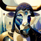 Colorful stylized bull artwork with intricate patterns and rich palette in blues, purples, and