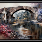 Vibrant watercolor painting of stone bridge over river with boat and mountains.