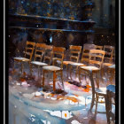 Illustrated scene: Wooden chairs, tables on mosaic floor under starry sky with celestial decorations.