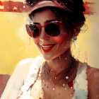 Colorful portrait of cheerful woman with sunglasses and stylish hat in vibrant illustration