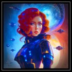 Female astronaut in futuristic suit with glowing helmet, surrounded by starships and distant planet