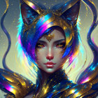 Fantasy character with cat-like features and vibrant blue and purple hair