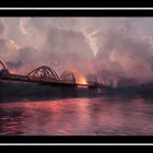 Vivid red and purple dusk industrial bridge scene digital painting