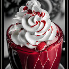 Decadent dessert with whipped cream and raspberry syrup on black and white backdrop