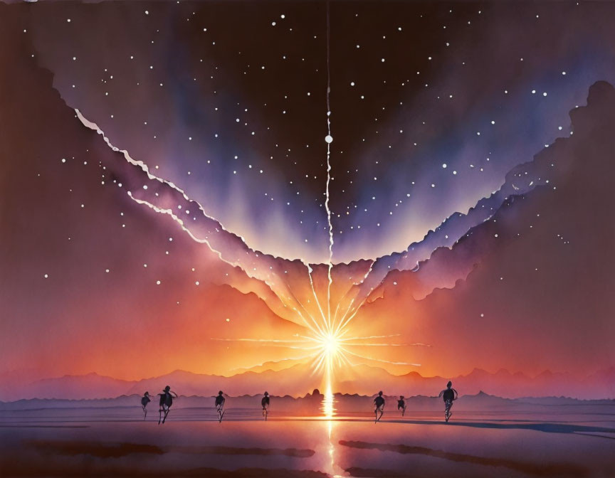 Colorful painting: Figures walking towards bright horizon under split starry sky.