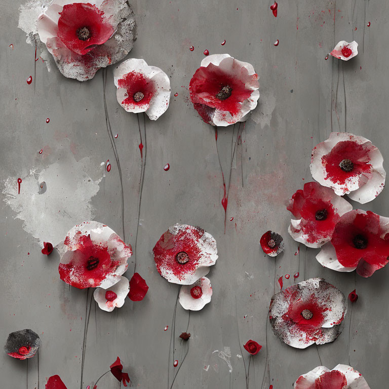 Grey Textured Background with Red and White Poppy Pattern