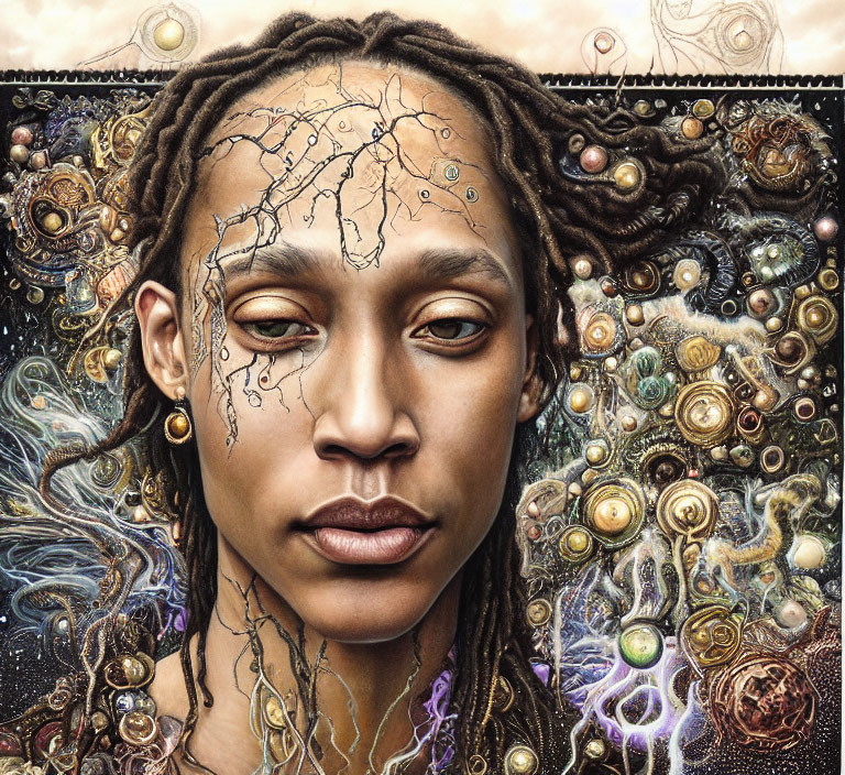 Surreal portrait of individual with braided hair and cosmic background